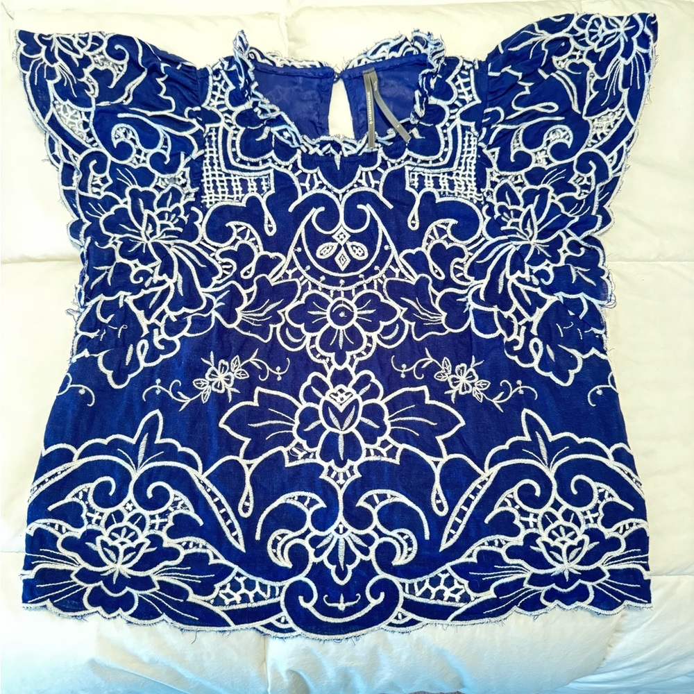 Anthropologie Royal Blue and White Embroidered Blouse